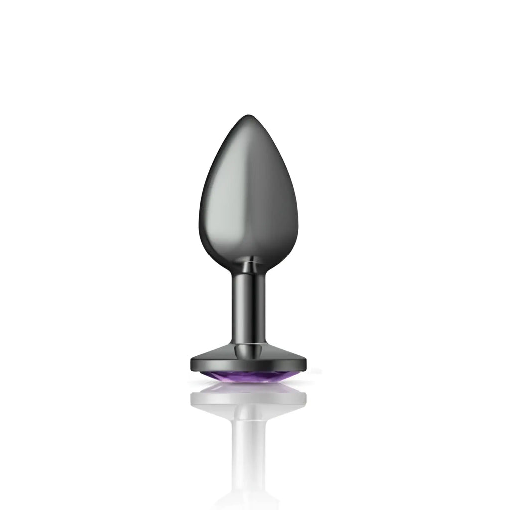 Cheeky Charms gunmetal round small anal plug with matte black finish smooth teardrop head and purple jewel base