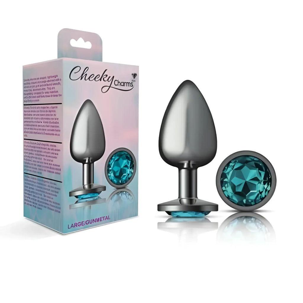 Cheeky Charms large gunmetal round anal plug with faceted teal gemstone cap for advanced play