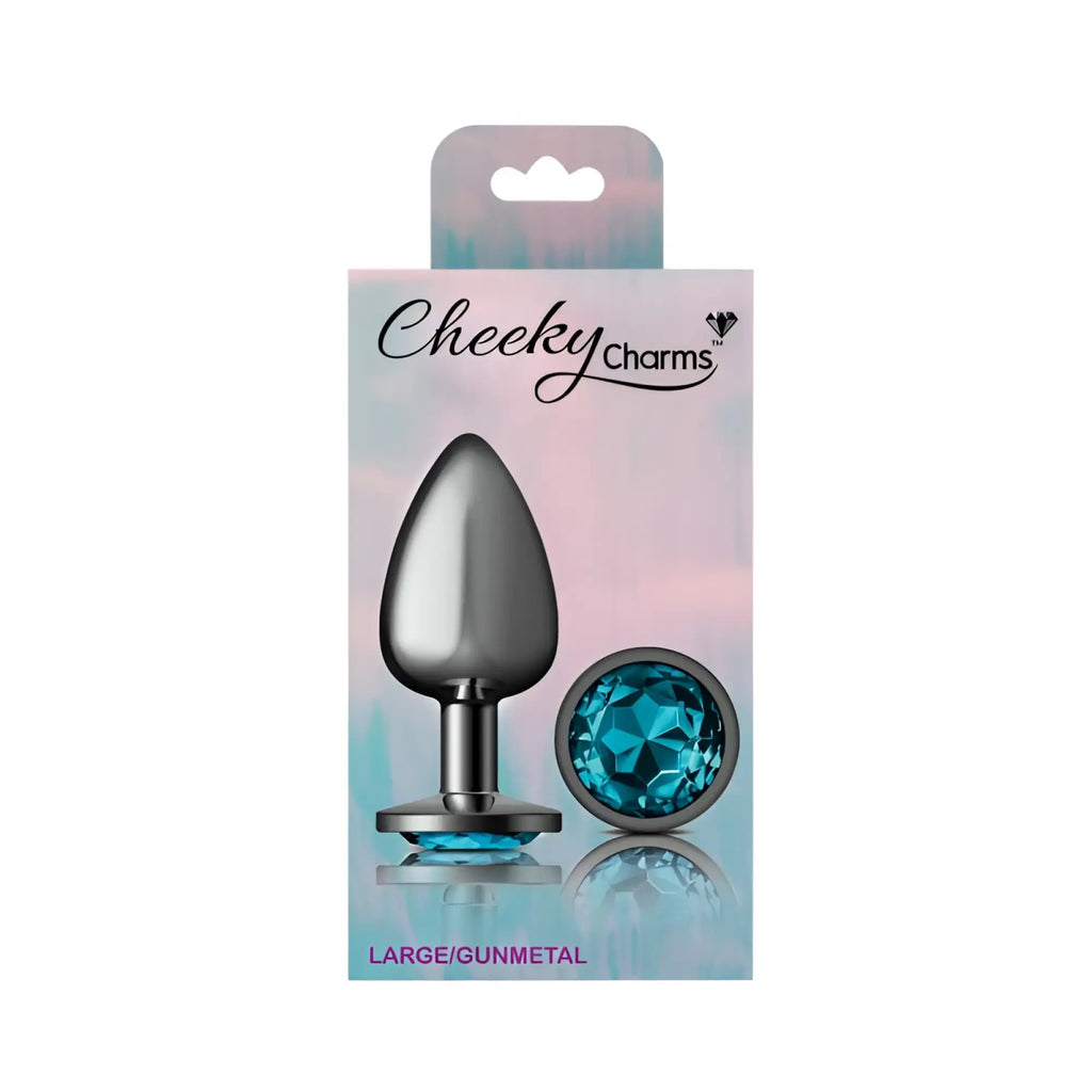 Gunmetal teardrop-shaped anal plug with faceted blue gemstone cap and base from cheeky charms large teal jewel design
