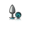 A sleek dark gray metallic cheeky charms gunmetal large round anal plug with a faceted teal jewel cap
