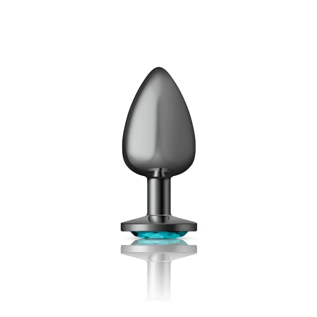 A sleek matte black gunmetal anal plug with a teal jewel base from Cheeky Charms large round design