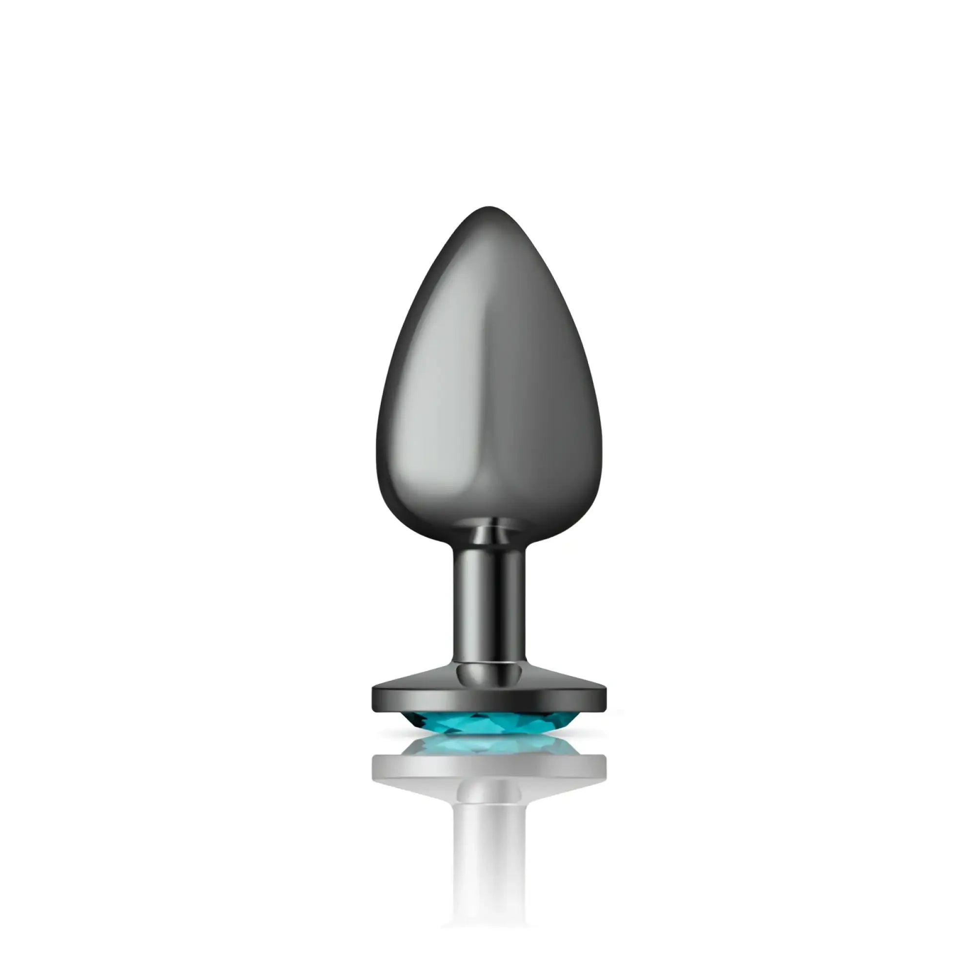 A sleek matte black gunmetal anal plug with a teal jewel base from Cheeky Charms large round design