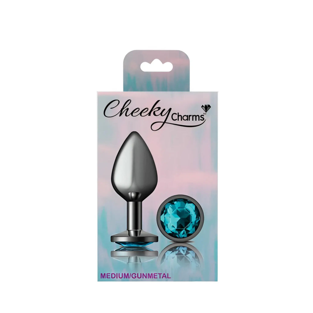 Cheeky charms gunmetal round teardrop-shaped butt plug with teal circular gemstone charm medium size
