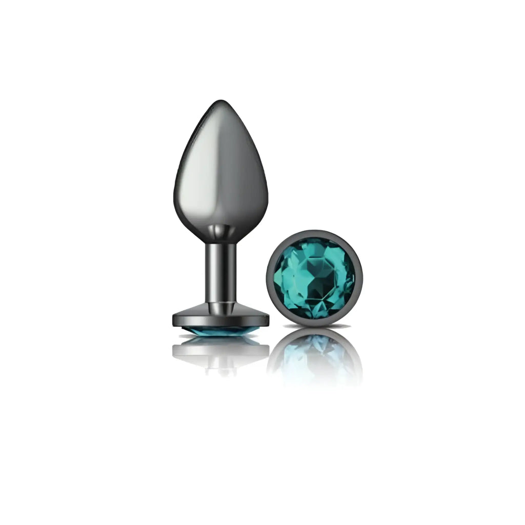 Teal crystal-encrusted gunmetal metallic medium butt plug with teardrop head and flat base by Cheeky Charms