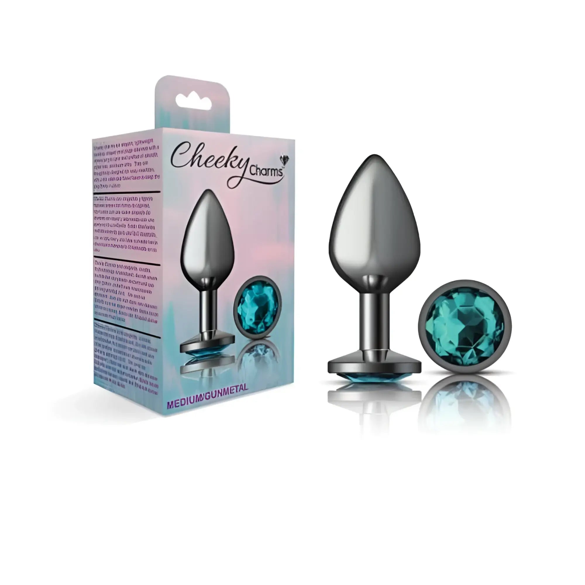 Silver-toned gunmetal medium cheeky charms anal plug with faceted teal gemstone cap for stylish pleasure