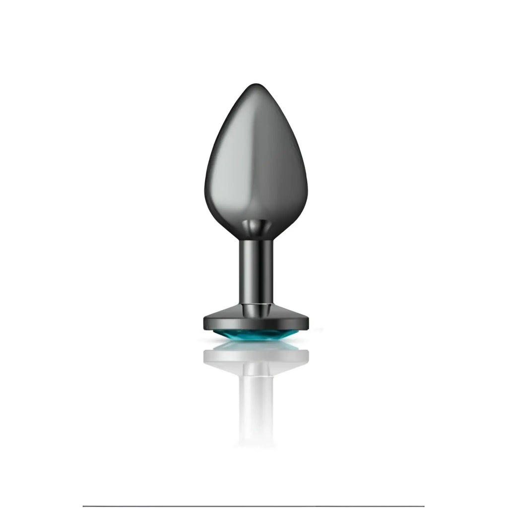 A sleek dark gray metallic anal plug with a smooth teardrop-shaped head and flat base from cheeky charms