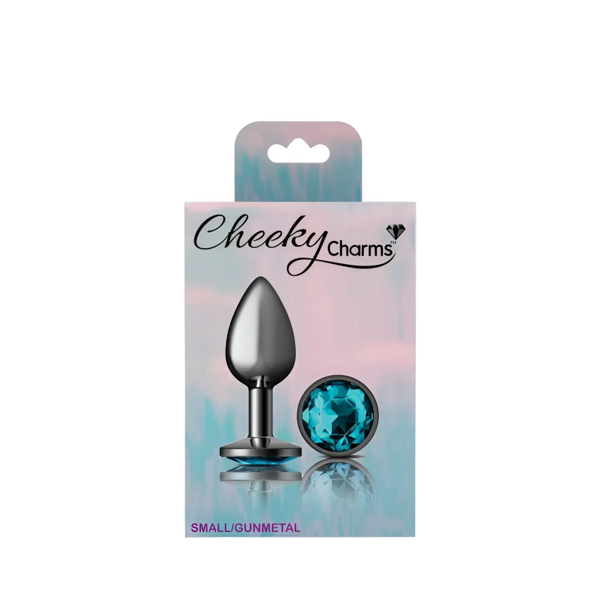 Cheeky Charms gunmetal teardrop butt plug with faceted teal gemstone accent small size