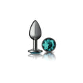 Teal crystal-encrusted gunmetal small metal butt plug with sleek teardrop-shaped head and polished finish
