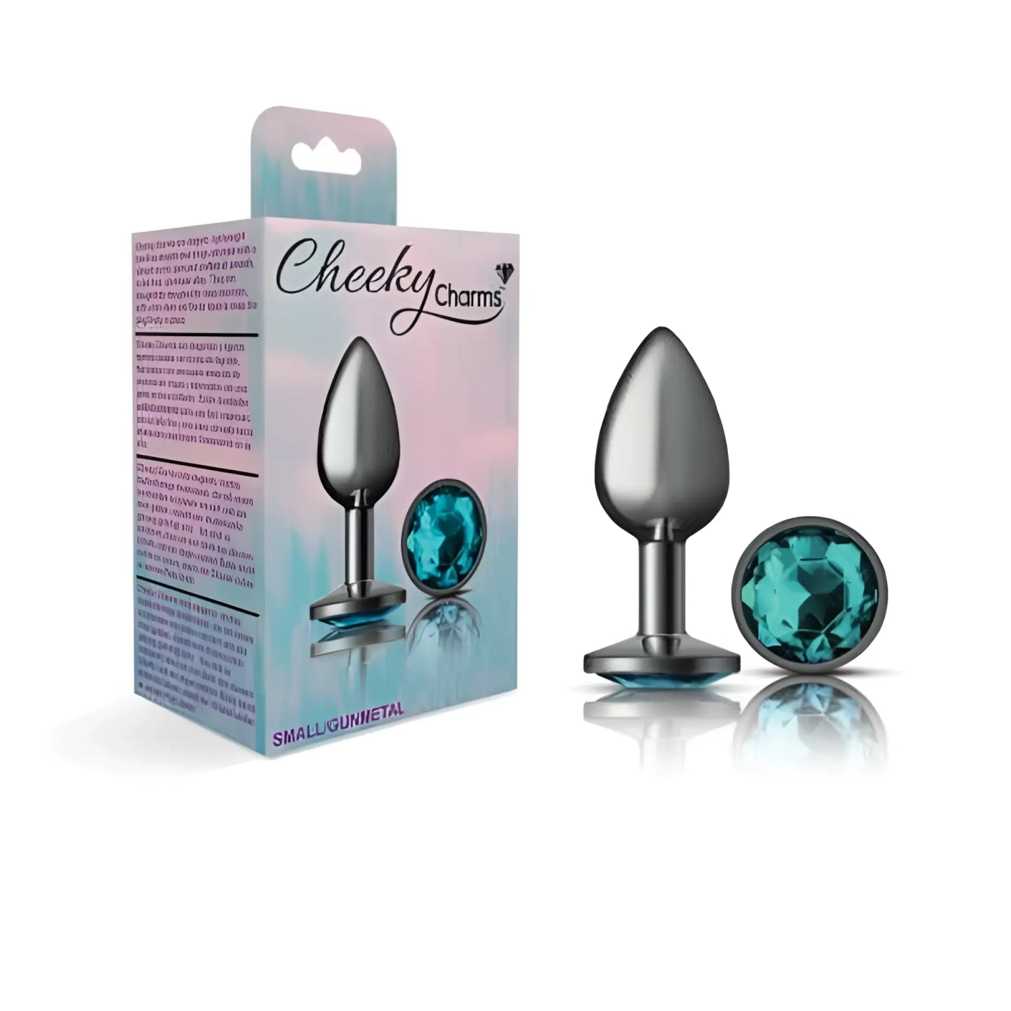 Silver metallic cheeky charms gunmetal round anal plug with teal jewel accent small size for discreet use