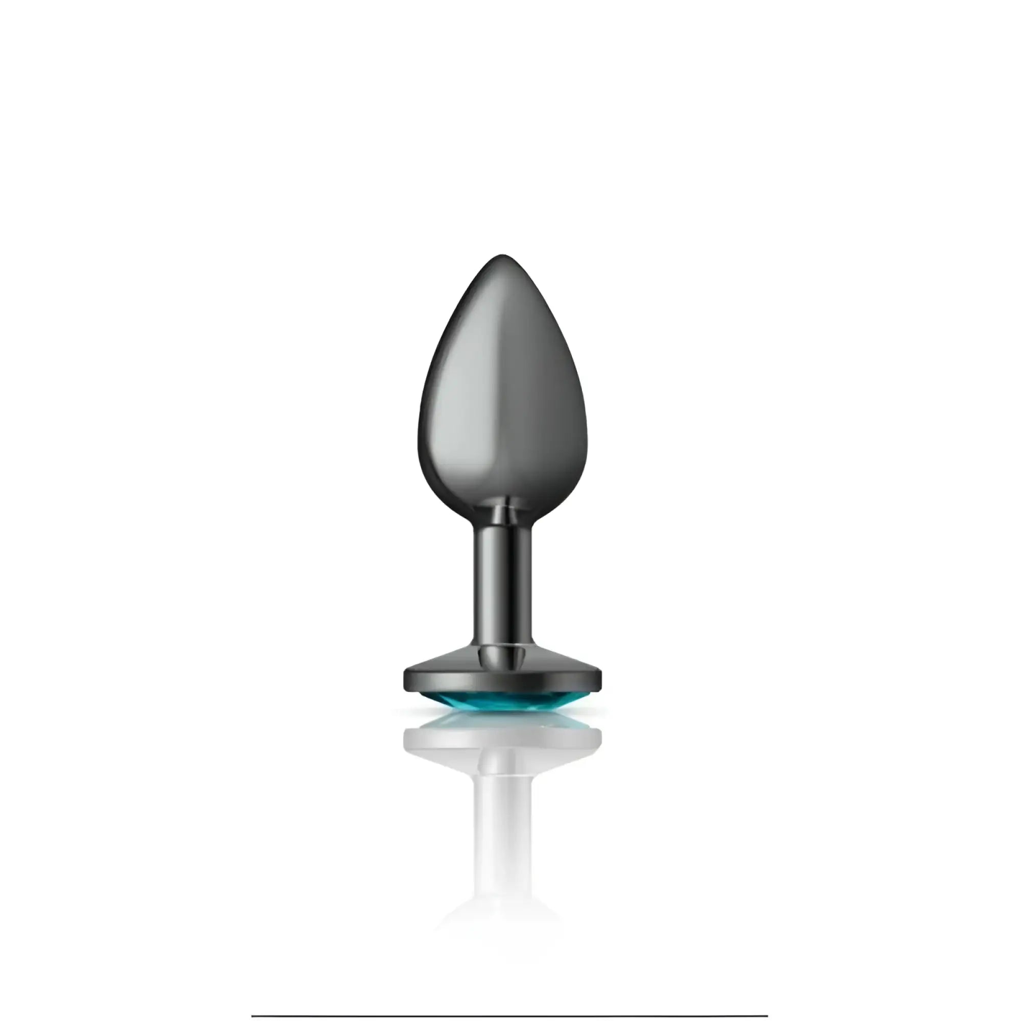 Cheeky Charms gunmetal round anal plug in sleek matte black with smooth teardrop head and teal jewel base small size