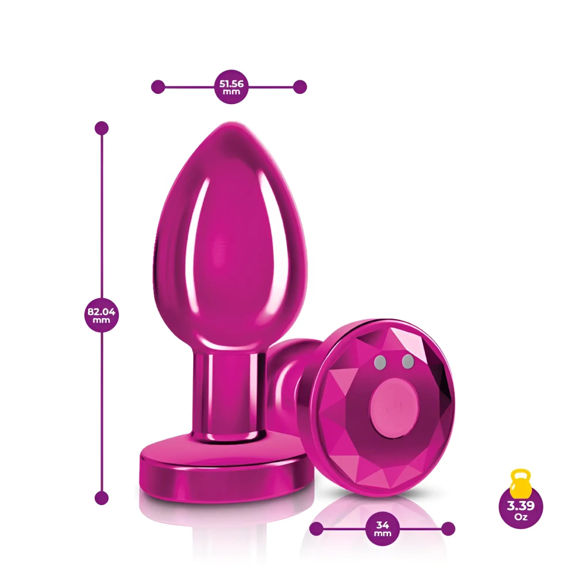 Vibrant fuchsia rechargeable metal anal plug with smooth tapered shaft and faceted gemstone-like base by cheeky charms