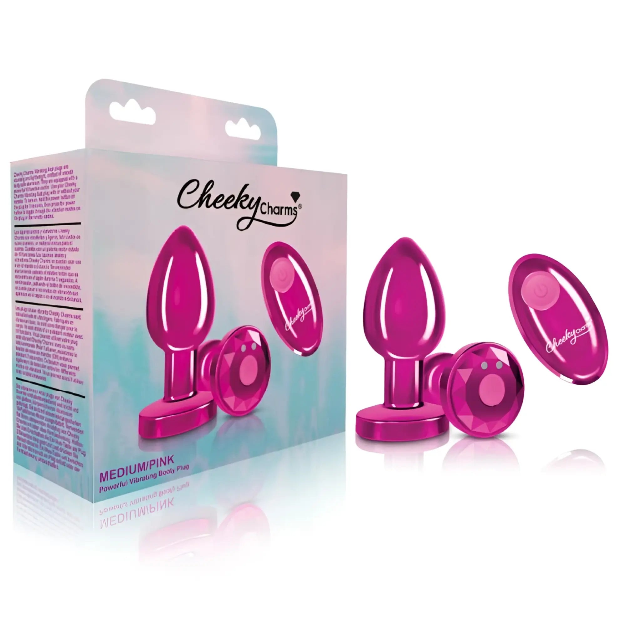 Cheeky charms pink rechargeable medium metal vibrating body plug set with diamond-shaped caps and remote control