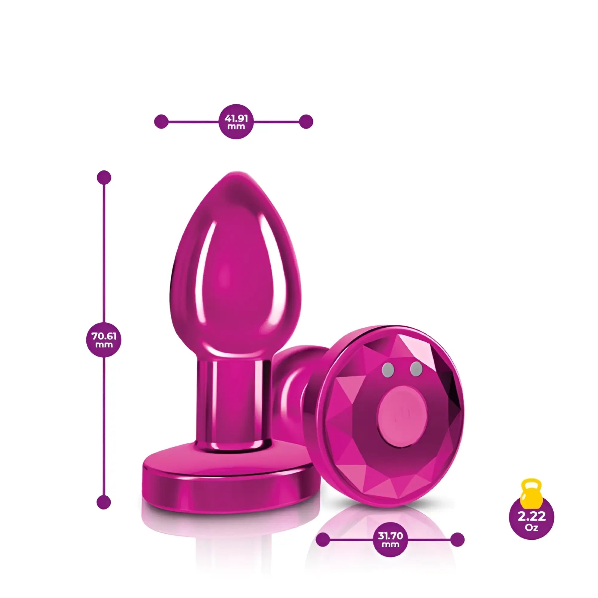 Vibrant magenta glossy metal anal plug with faceted diamond-cut base and two small circular indentations by cheeky charms