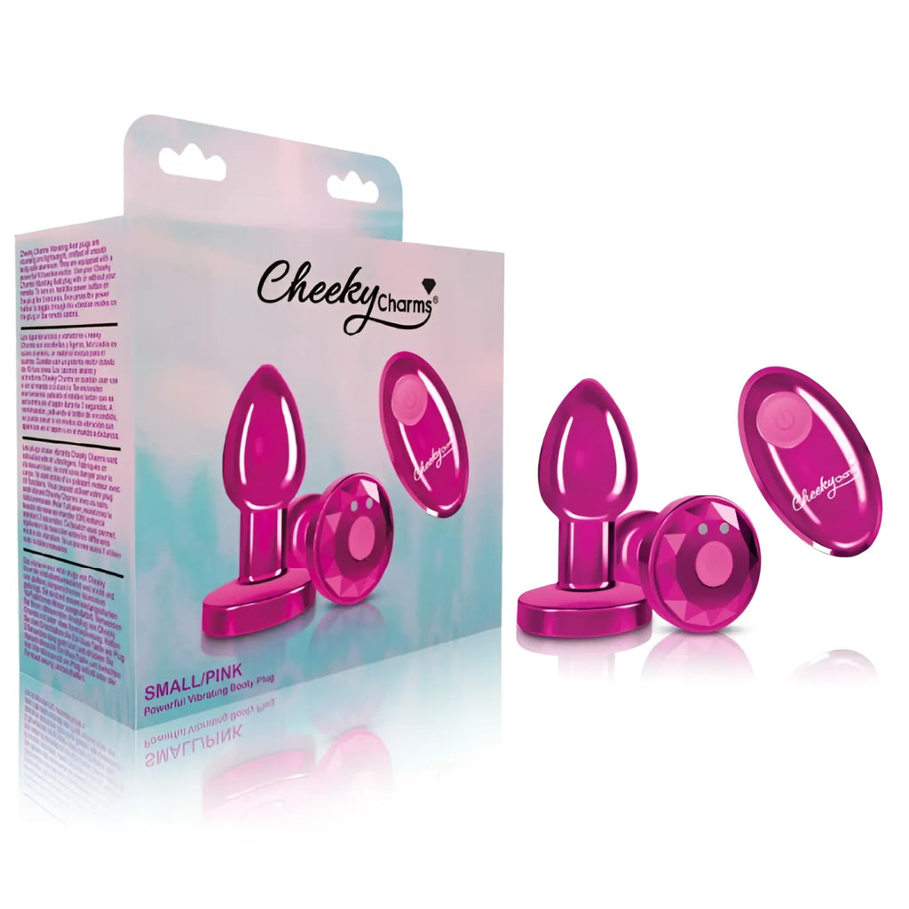 Vibrant pink rechargeable small metal butt plug set with diamond-cut caps and remote from cheeky charms