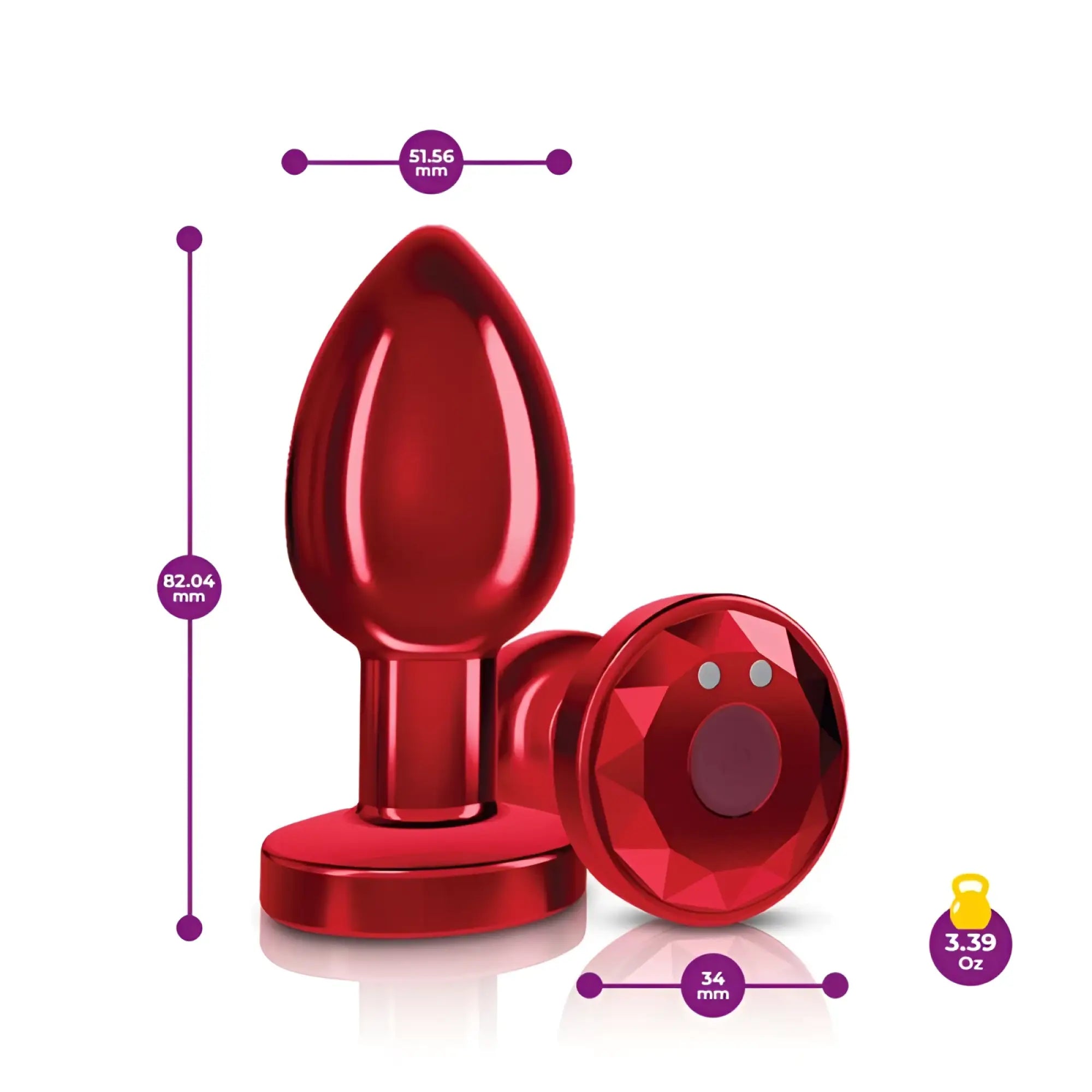 Red glossy metallic Cheeky Charms rechargeable vibrating medium anal plug with faceted gemstone-like base and remote