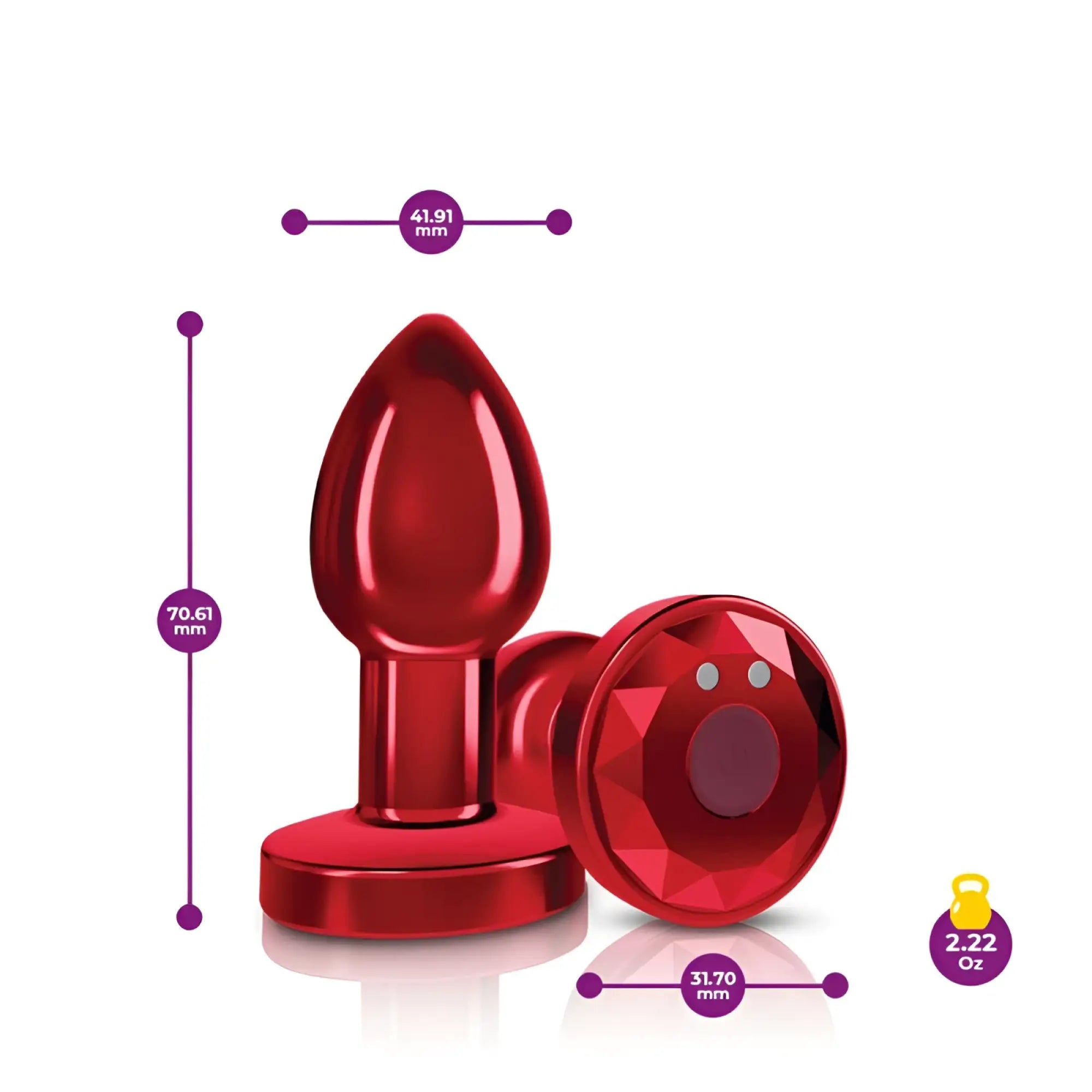 Red rechargeable vibrating metal anal plug with glossy finish and faceted gemstone base by cheeky charms small size