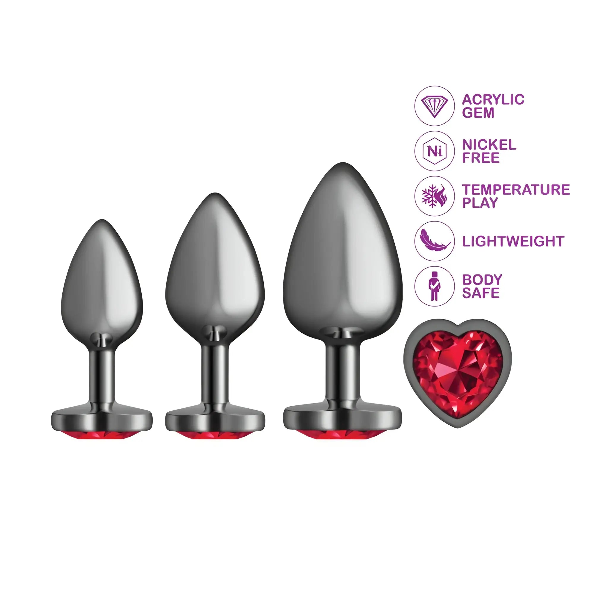 Set of three silver-toned acrylic gem butt plugs with red bases and heart-shaped ruby accents by cheeky charms