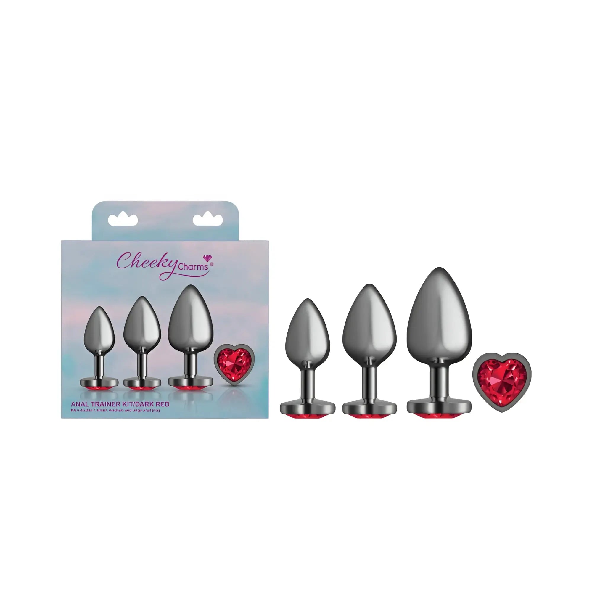 Set of four gunmetal metallic anal plugs with a dark red heart-shaped gemstone charm from Cheeky Charms kit