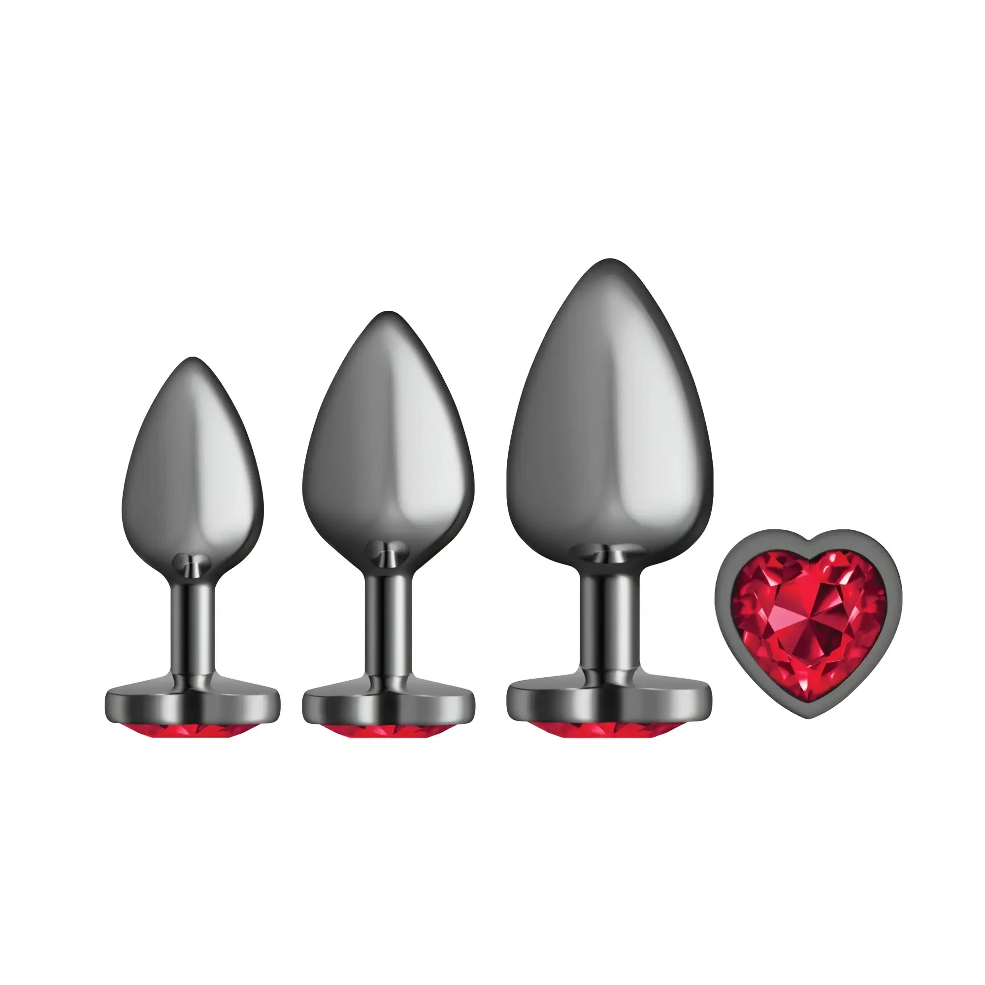 Set of three gunmetal metal butt plugs with dark red heart-shaped jewel bases for intimate use by Cheeky Charms