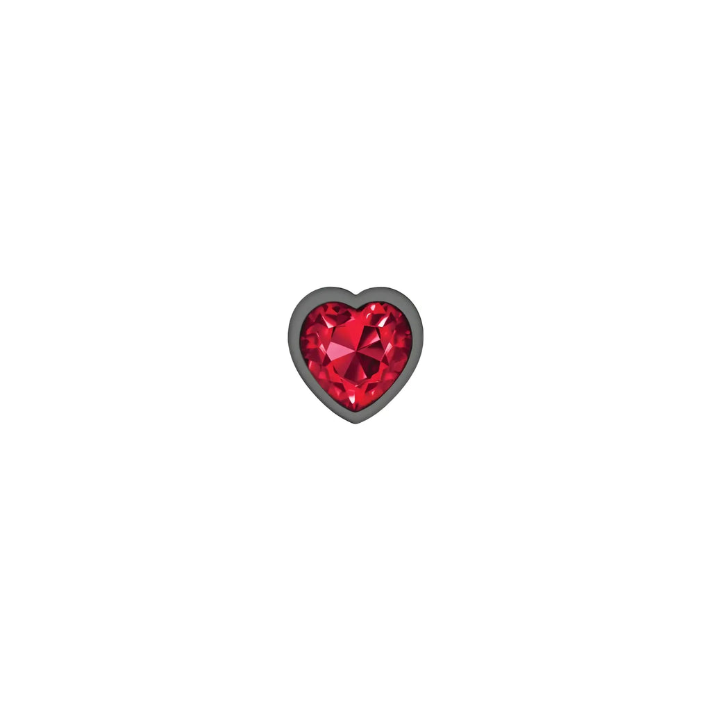 Cheeky Charms gunmetal round metal butt plug 3 pc kit with vibrant dark red heart-shaped gemstone bezel