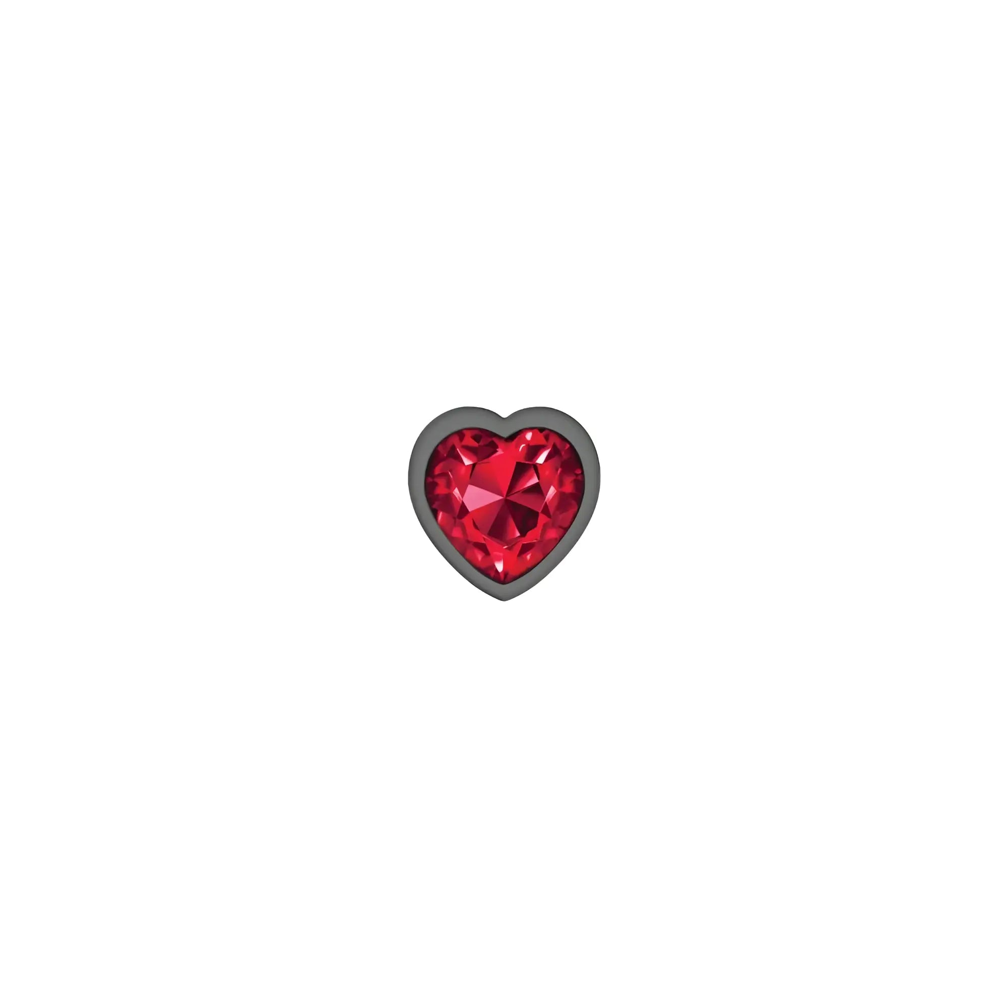 Cheeky Charms gunmetal round metal butt plug 3 pc kit with vibrant dark red heart-shaped gemstone bezel