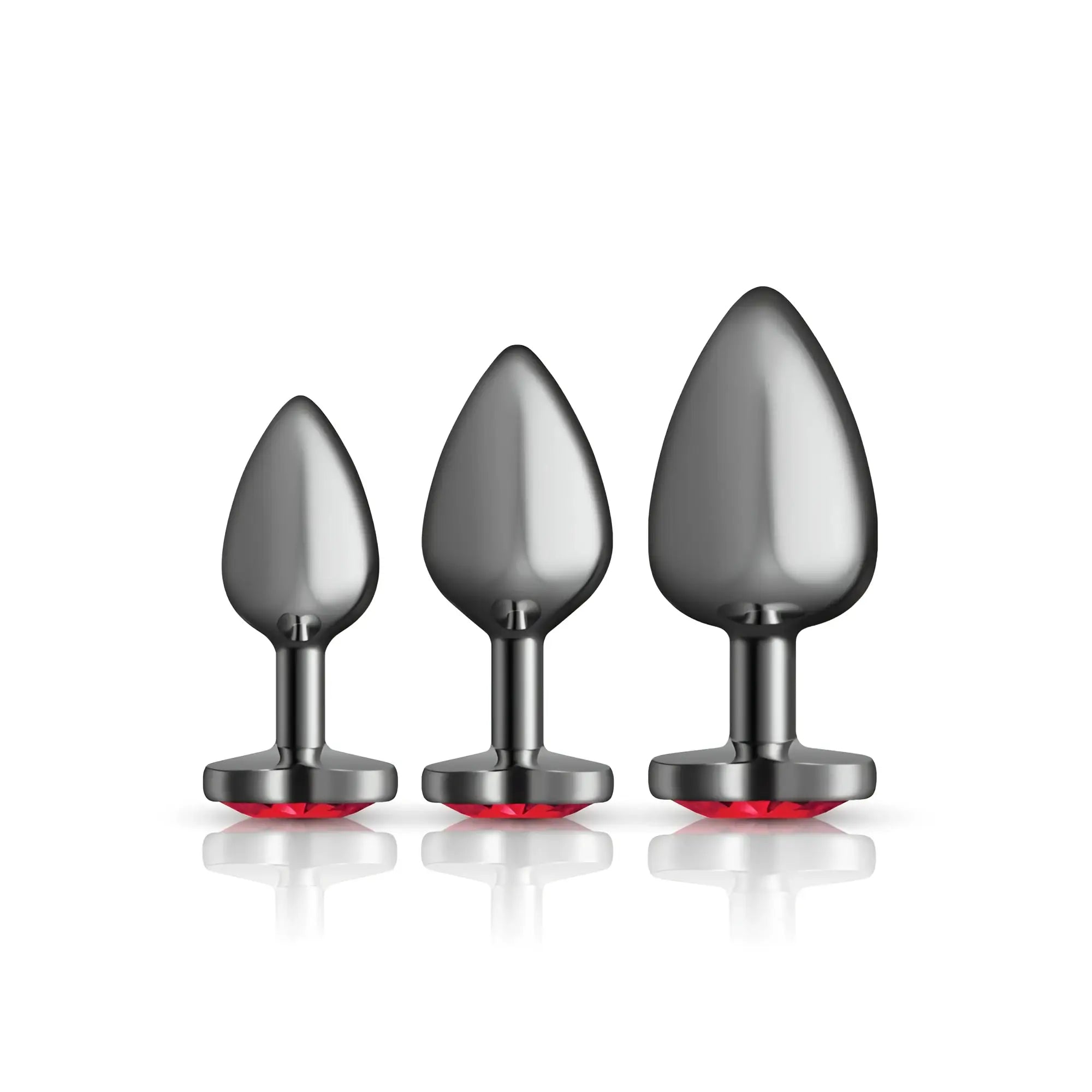Set of three gunmetal metallic anal plugs with dark red heart-shaped gemstone bases by cheeky charms