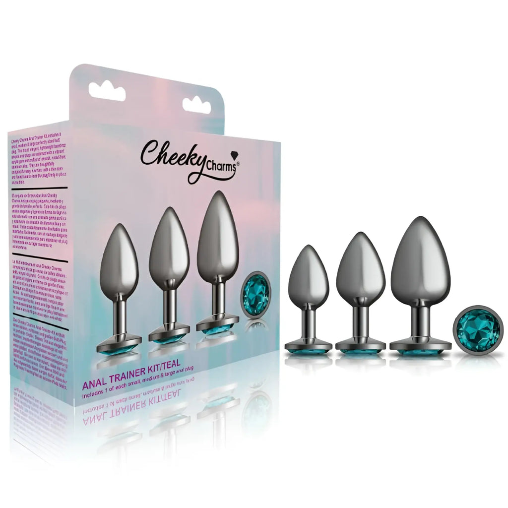Cheeky Charms round metal butt plug gunmetal 3 pc kit with teal jewel featuring five silver plugs with gemstone accents