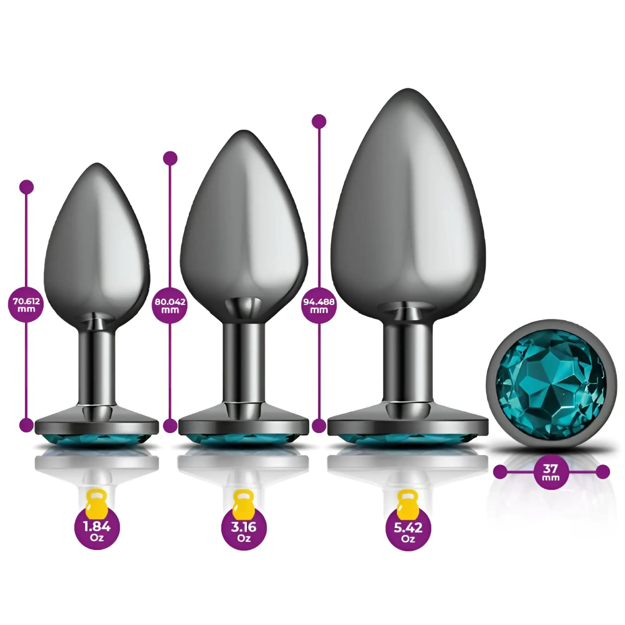 Set of three gunmetal metallic metal butt plugs in varying sizes with a separate teal faceted gemstone cap from cheeky charms