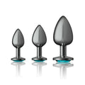 Set of three matte black metal anal plugs with teal diamond-cut bases from cheeky charms 3 pc gunmetal kit