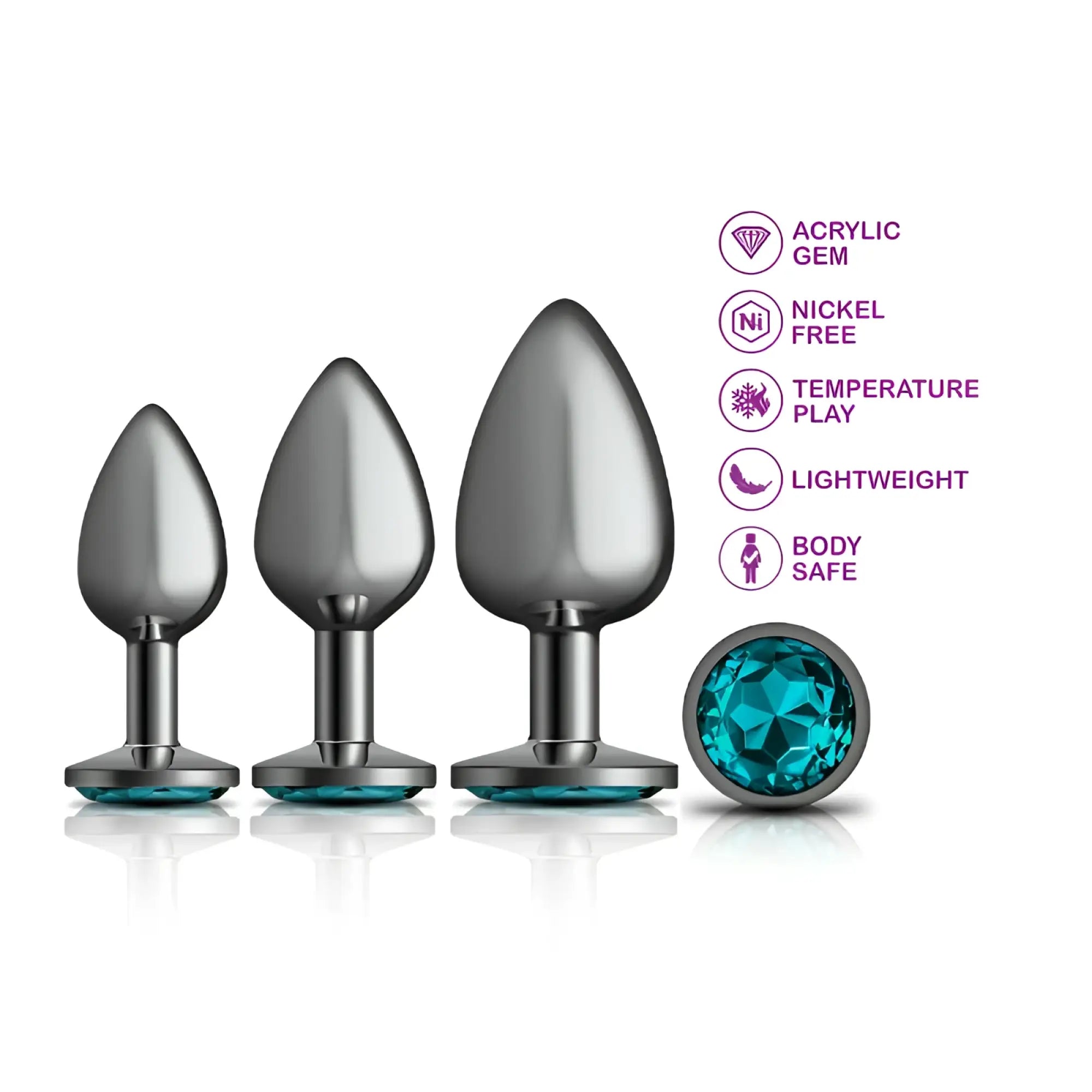Set of three gunmetal metal anal plugs with teal acrylic gems from cheeky charms round metal butt plug 3 pc kit