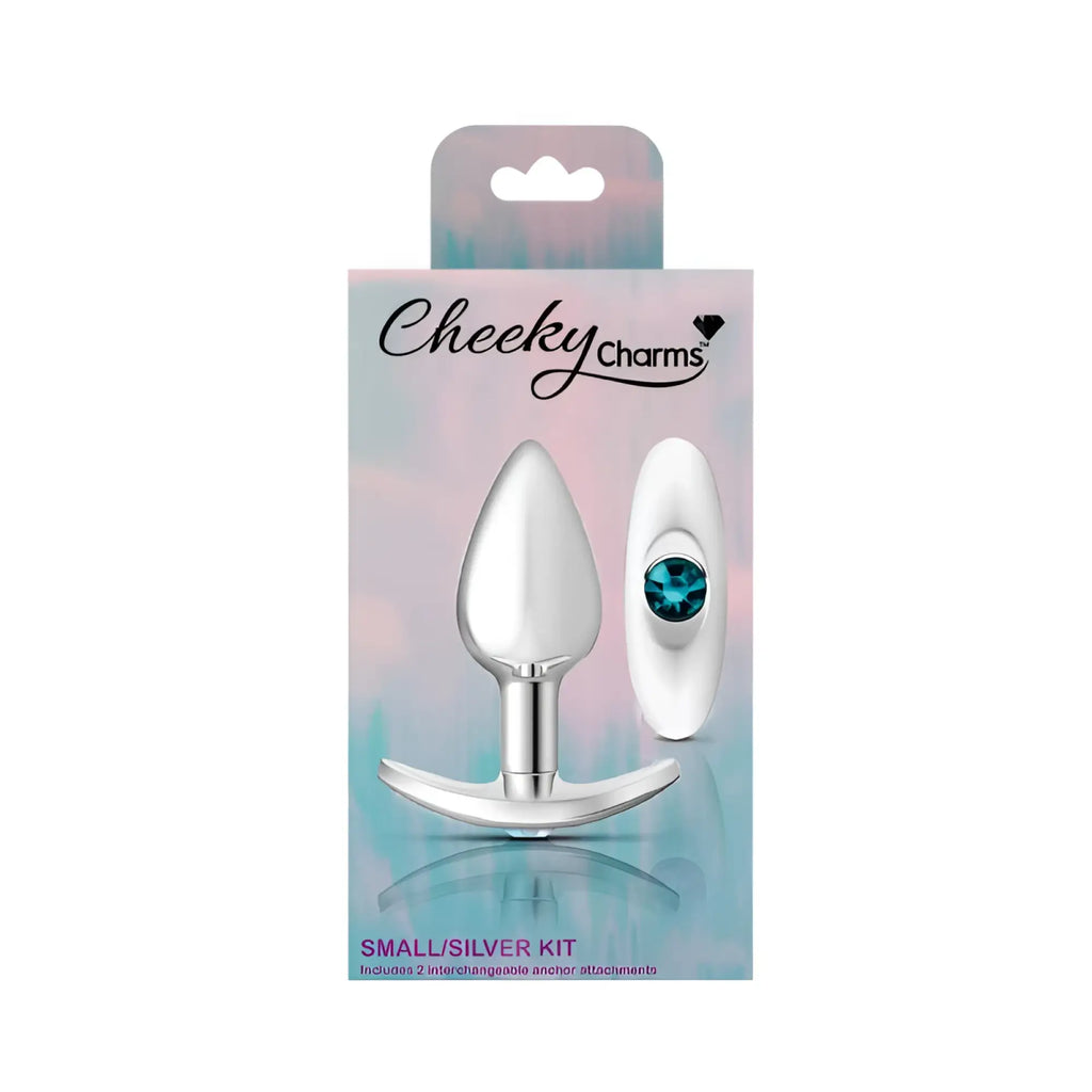 Cheeky Charms silver metallic anchor butt plug with sleek teardrop design and curved base with clear and pink jewel kit