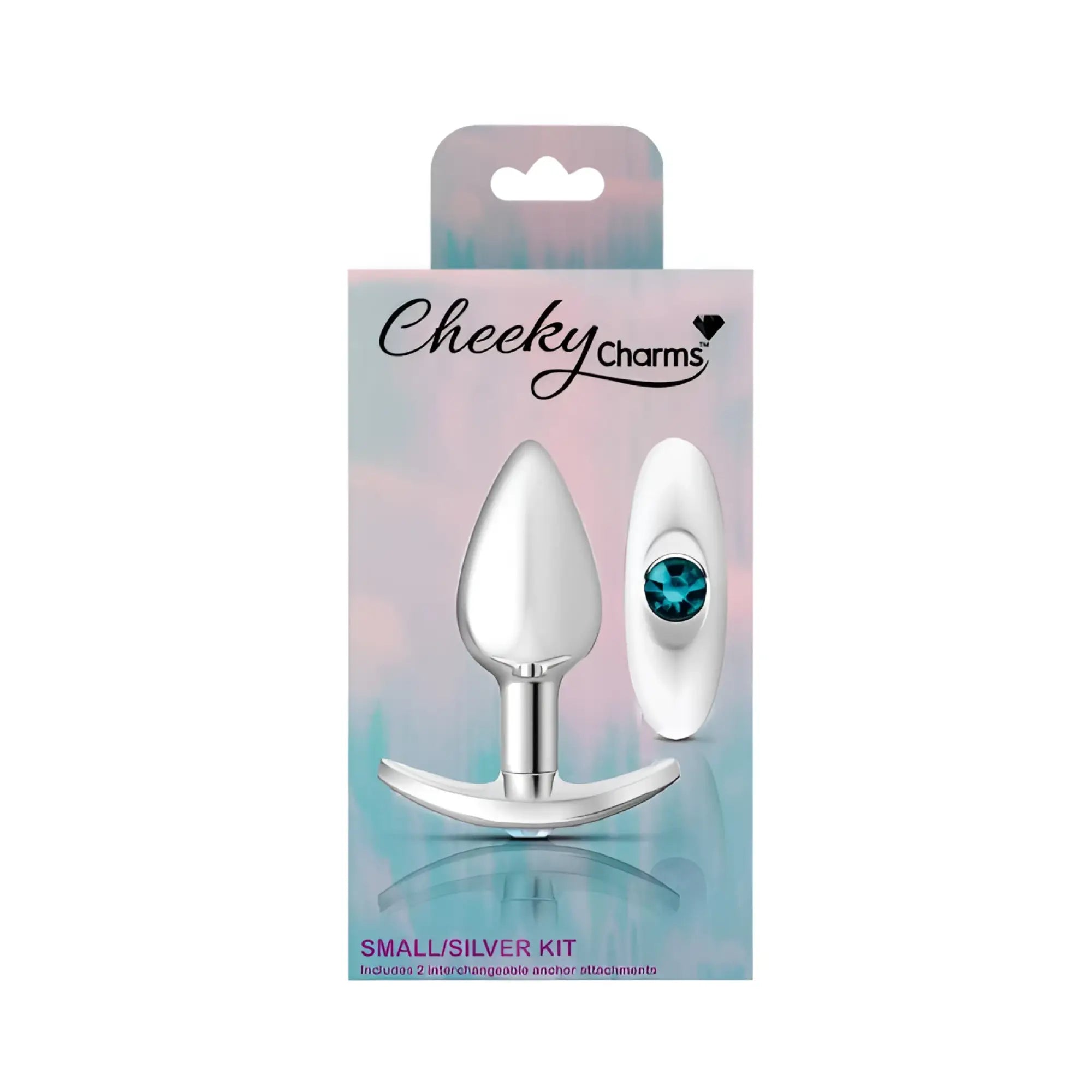 Cheeky Charms silver metallic anchor butt plug with sleek teardrop design and curved base with clear and pink jewel kit