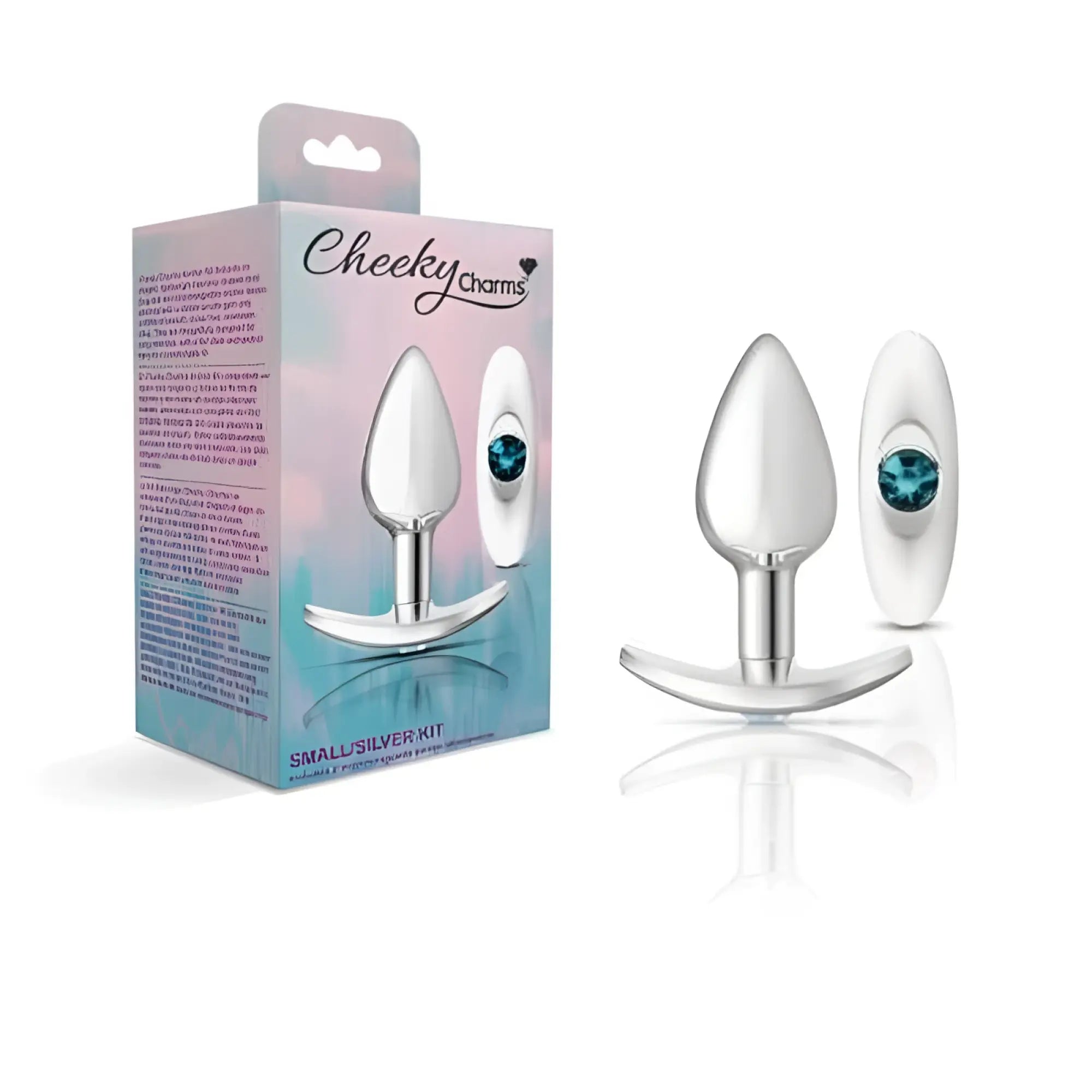 Silver-plated anal plug with teal gemstone head next to cheeky charms silver anchor butt plug kit packaging