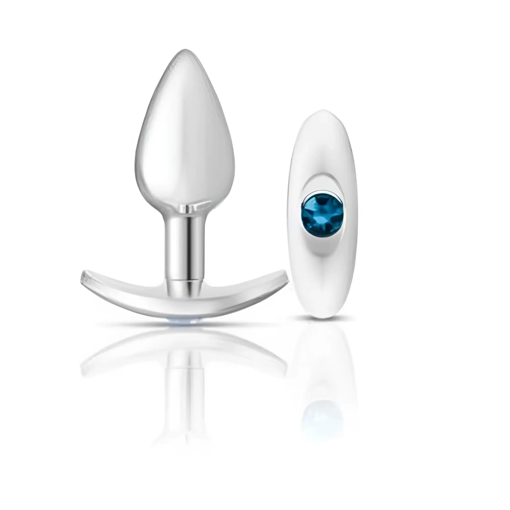 Cheeky Charms silver anchor butt plug with sleek teardrop head and matching white cap with blue gemstone