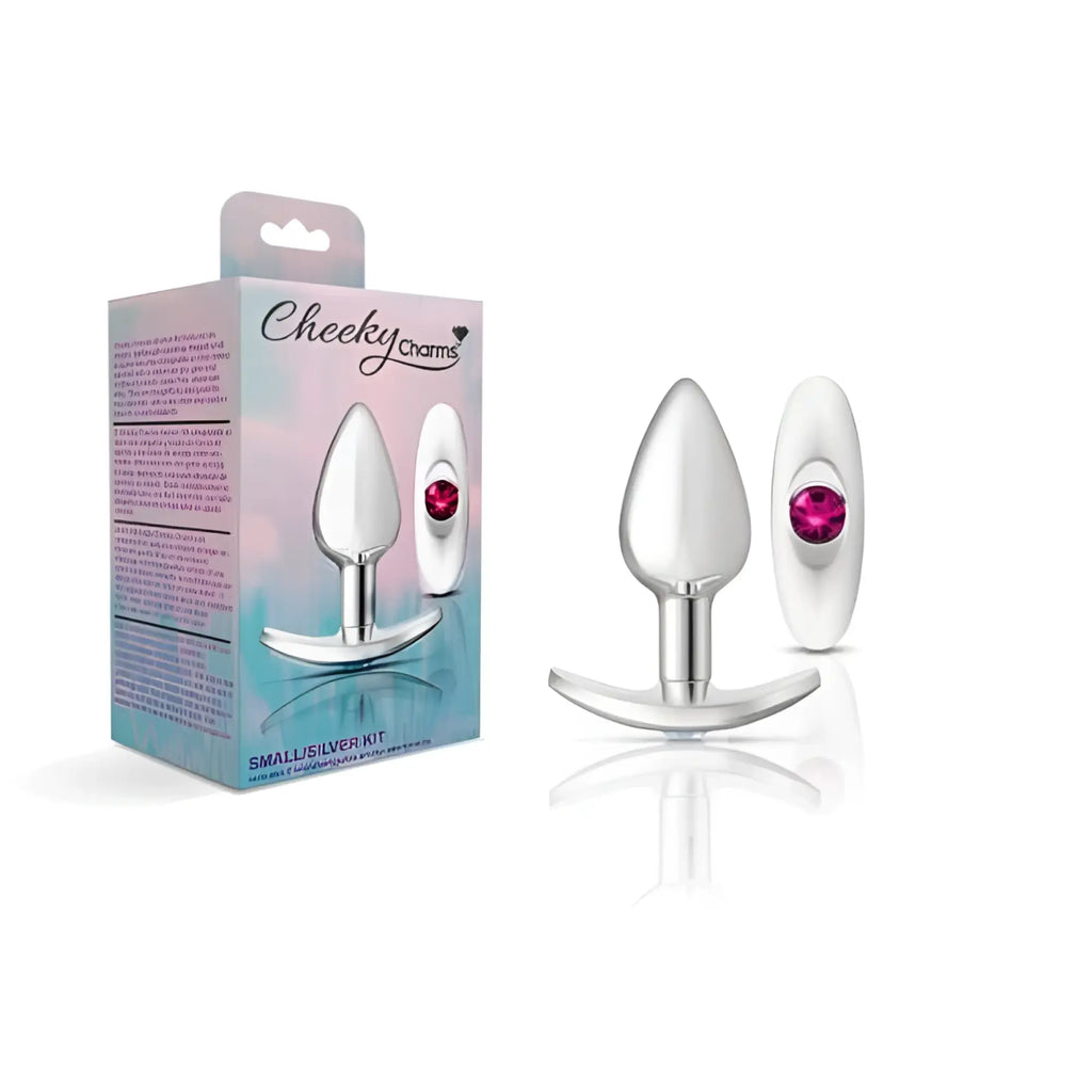 Silver anchor butt plug set with clear and teal gemstone charms in silver and pink for intimate use