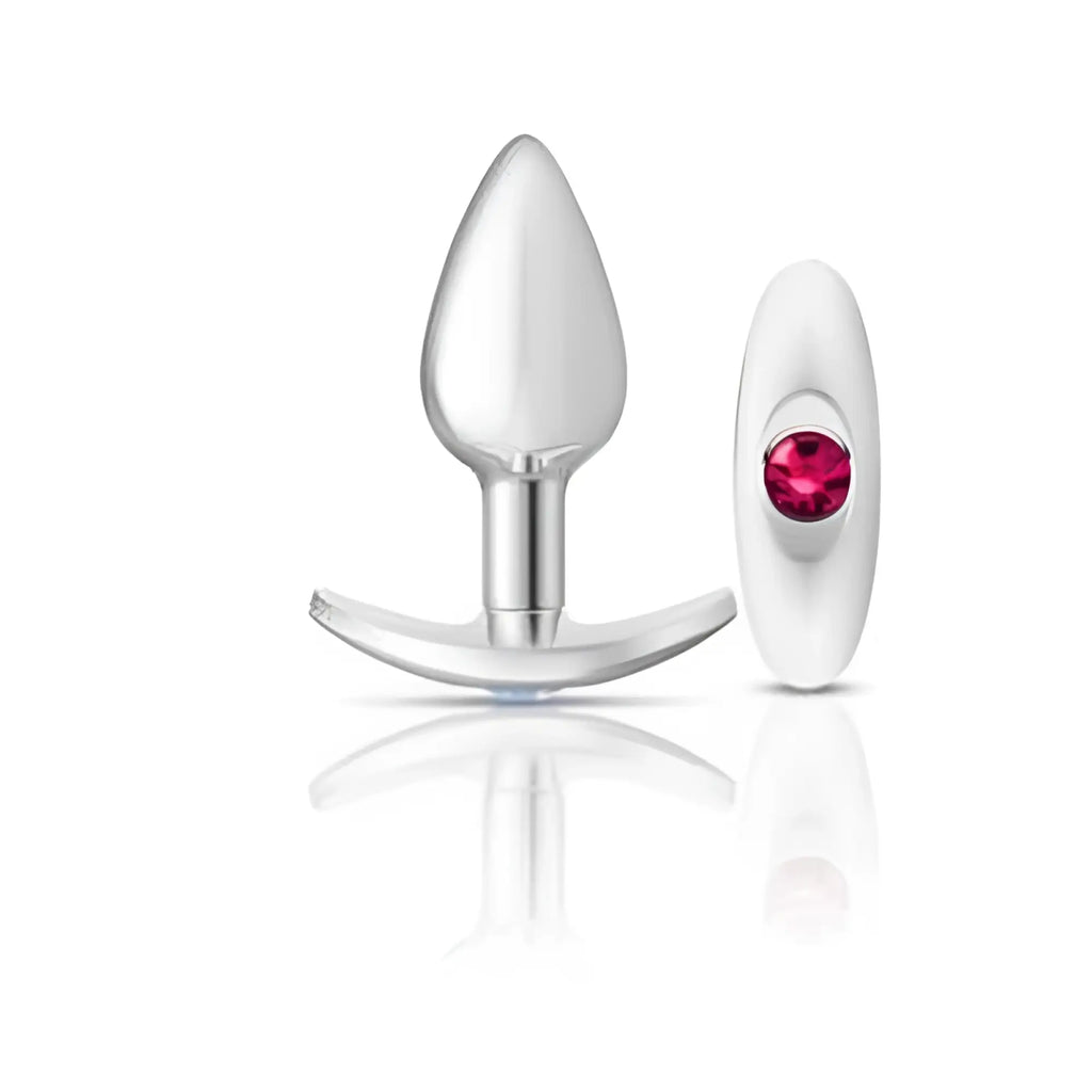 Silver-plated cheeky charms anchor butt plug with sleek teardrop head and curved base with white cap and red gemstone accent