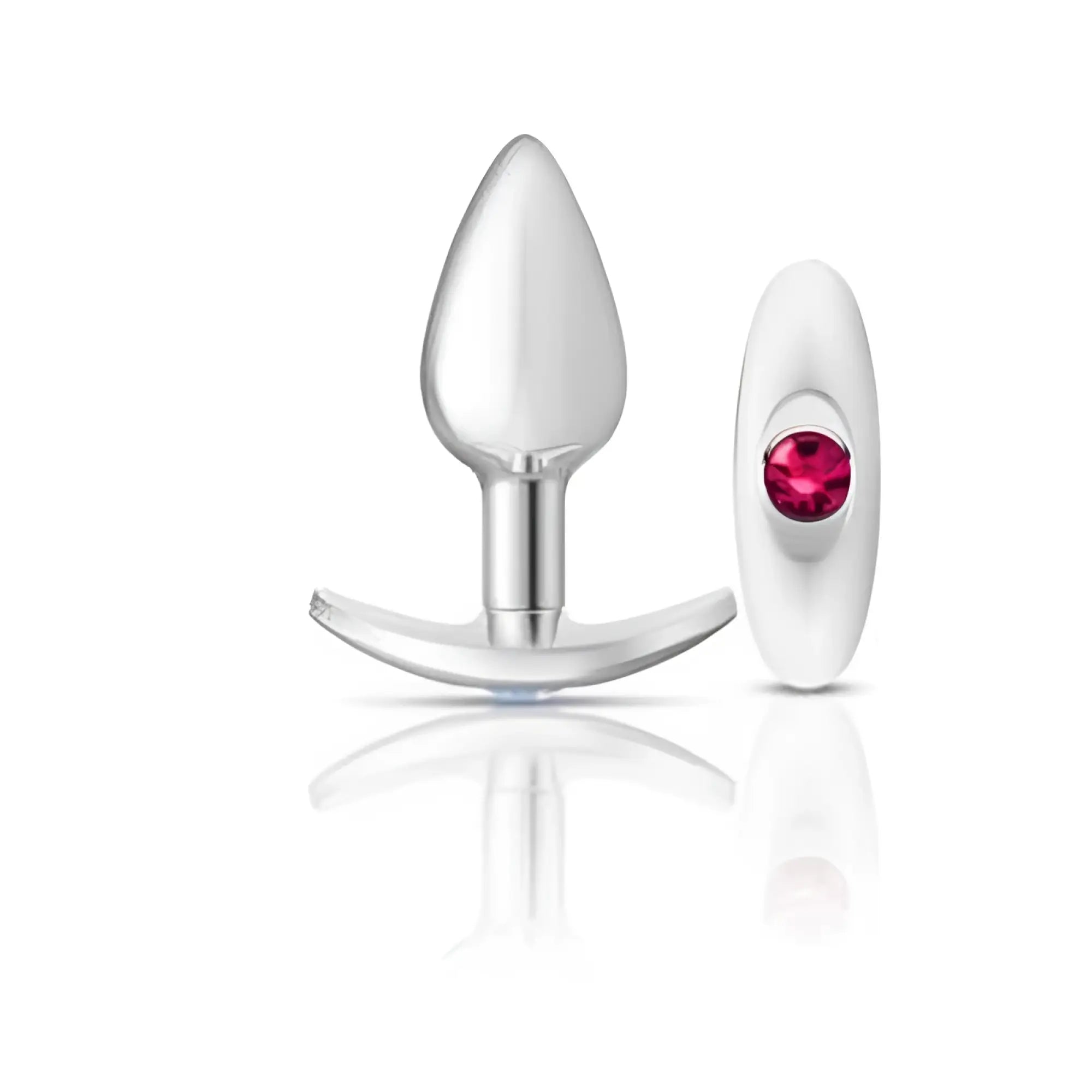 Silver-plated cheeky charms anchor butt plug with sleek teardrop head and curved base with white cap and red gemstone accent