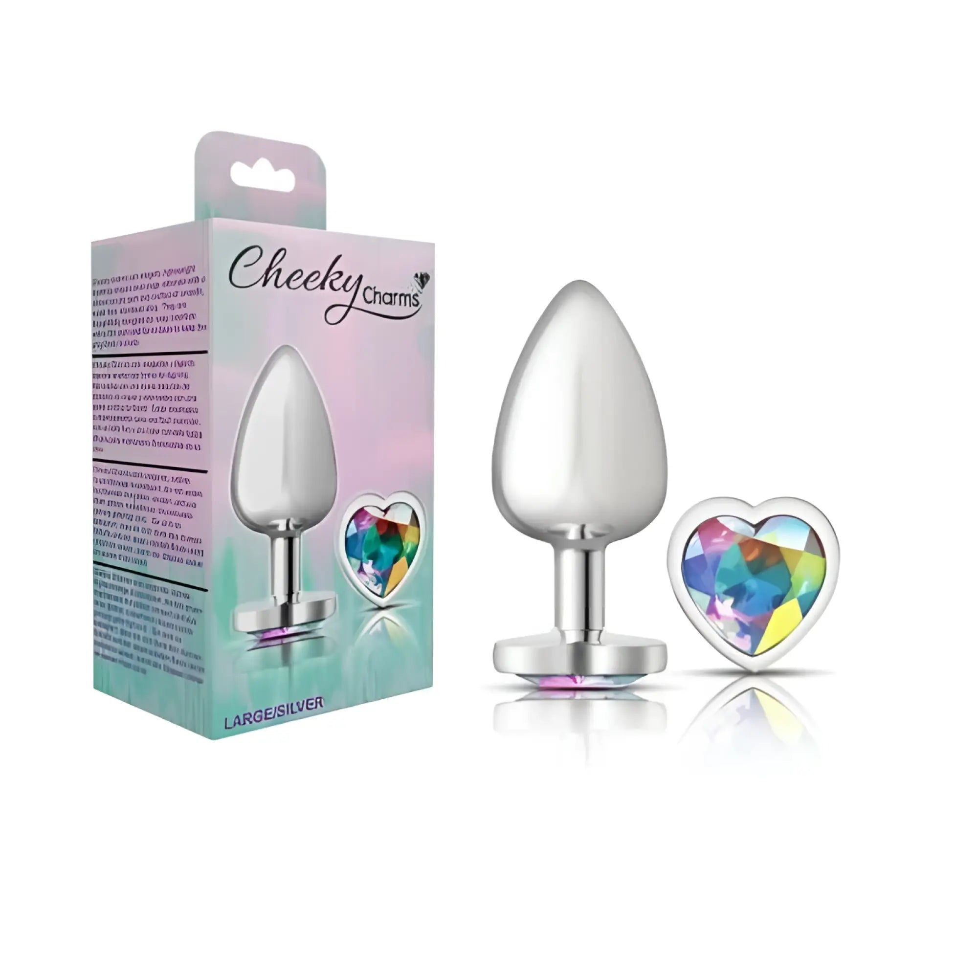 Cheeky charms silver metal butt plug with heart-shaped clear jewel accent large anal plug accessory