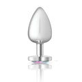 Cheeky Charms silver metal butt plug with smooth teardrop head and flat base with iridescent heart jewel large size