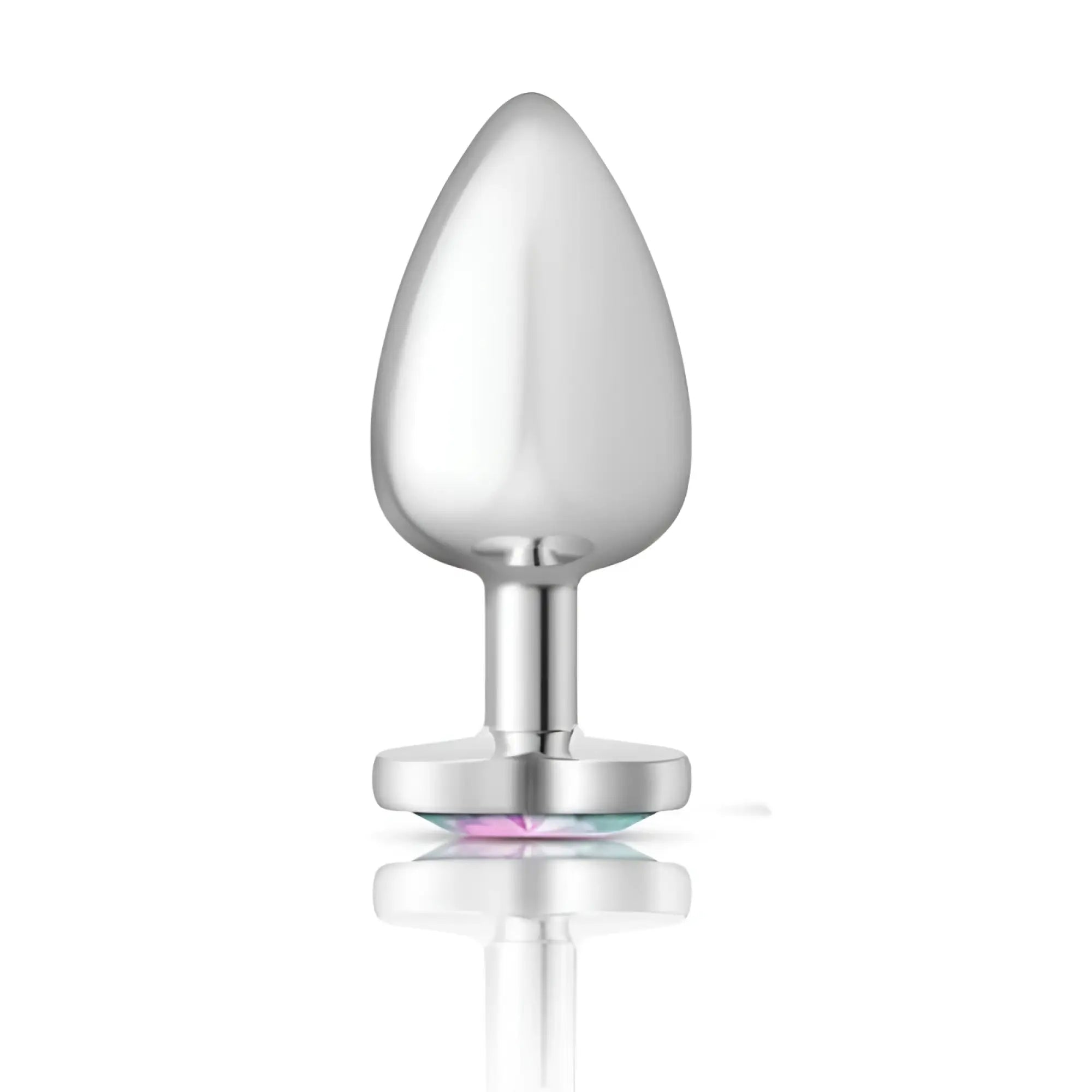 Cheeky Charms silver metal butt plug with smooth teardrop head and flat base with iridescent heart jewel large size