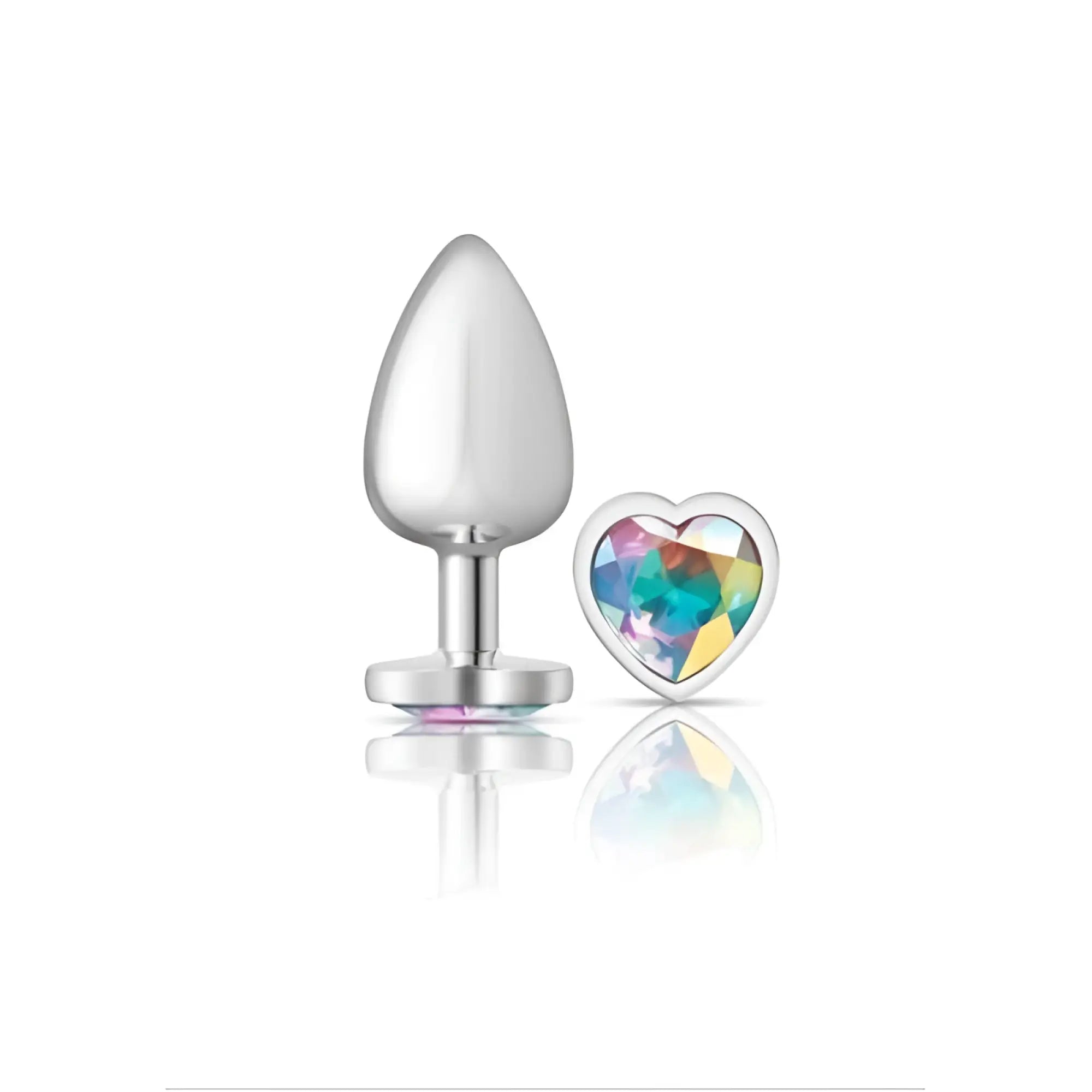Silver-plated metal butt plug with a heart-shaped rainbow crystal accent from cheeky charms in large size
