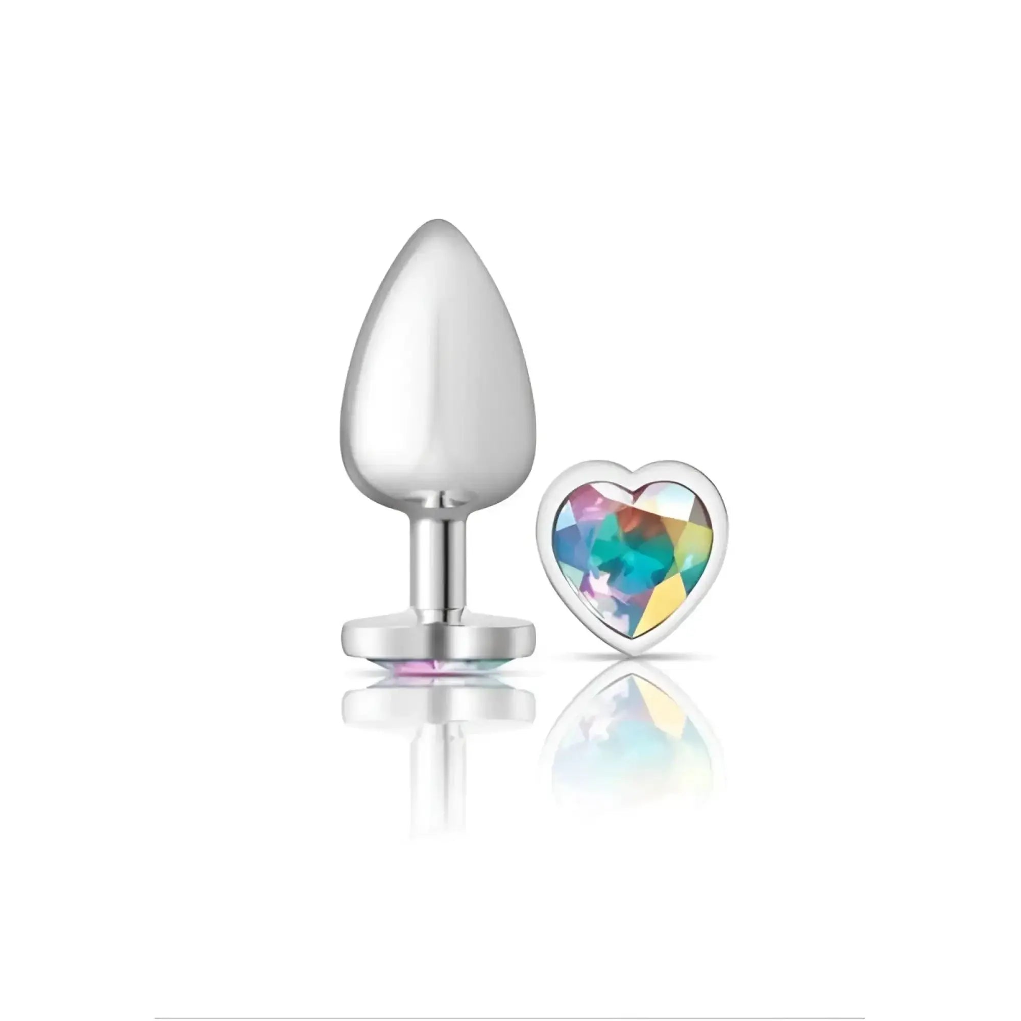Silver-plated metal butt plug with a heart-shaped rainbow crystal accent from cheeky charms in large size