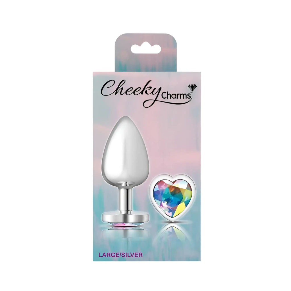 Silver teardrop shaped anal plug with polished metallic finish and matching base from cheeky charms large size