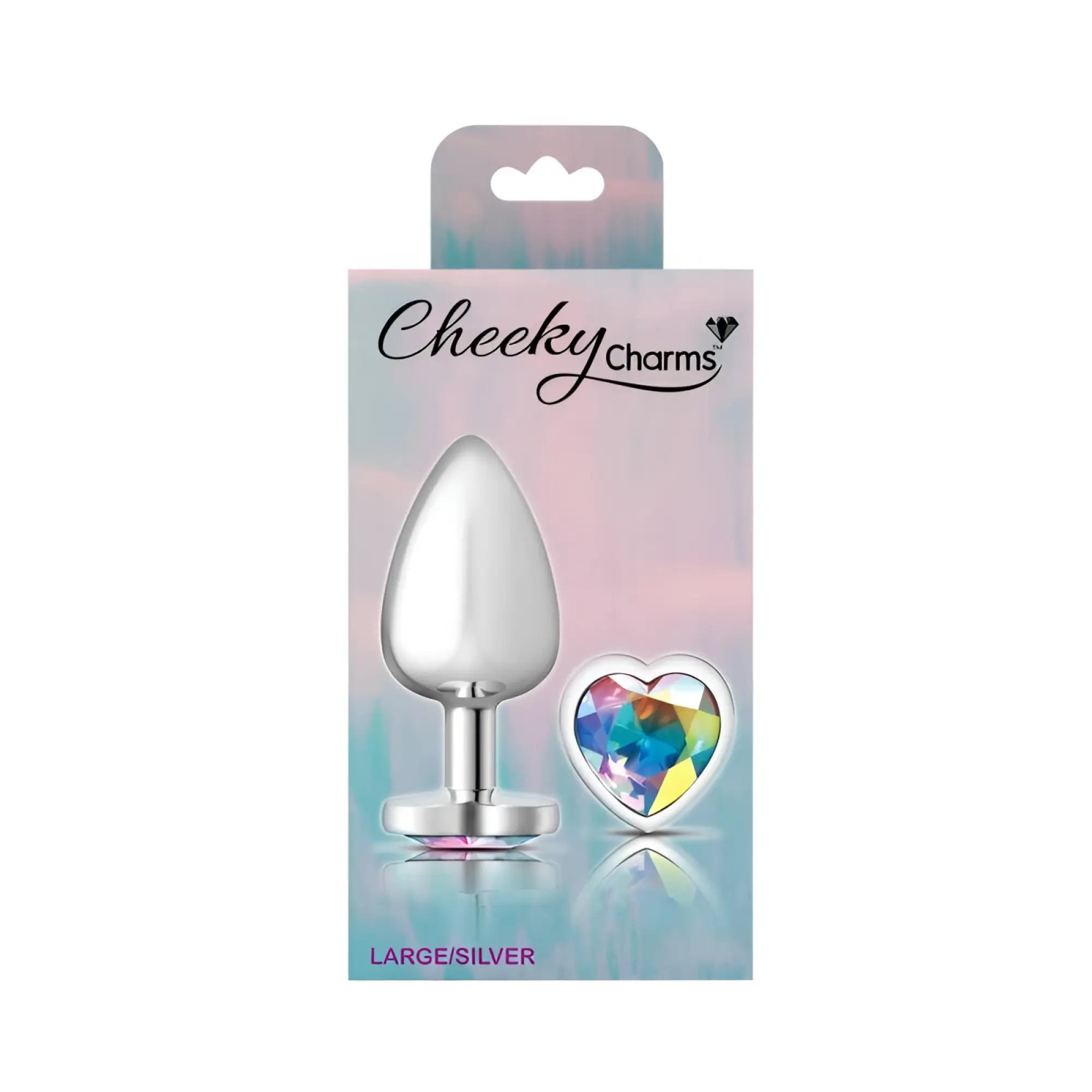 Silver teardrop shaped anal plug with polished metallic finish and matching base from cheeky charms large size