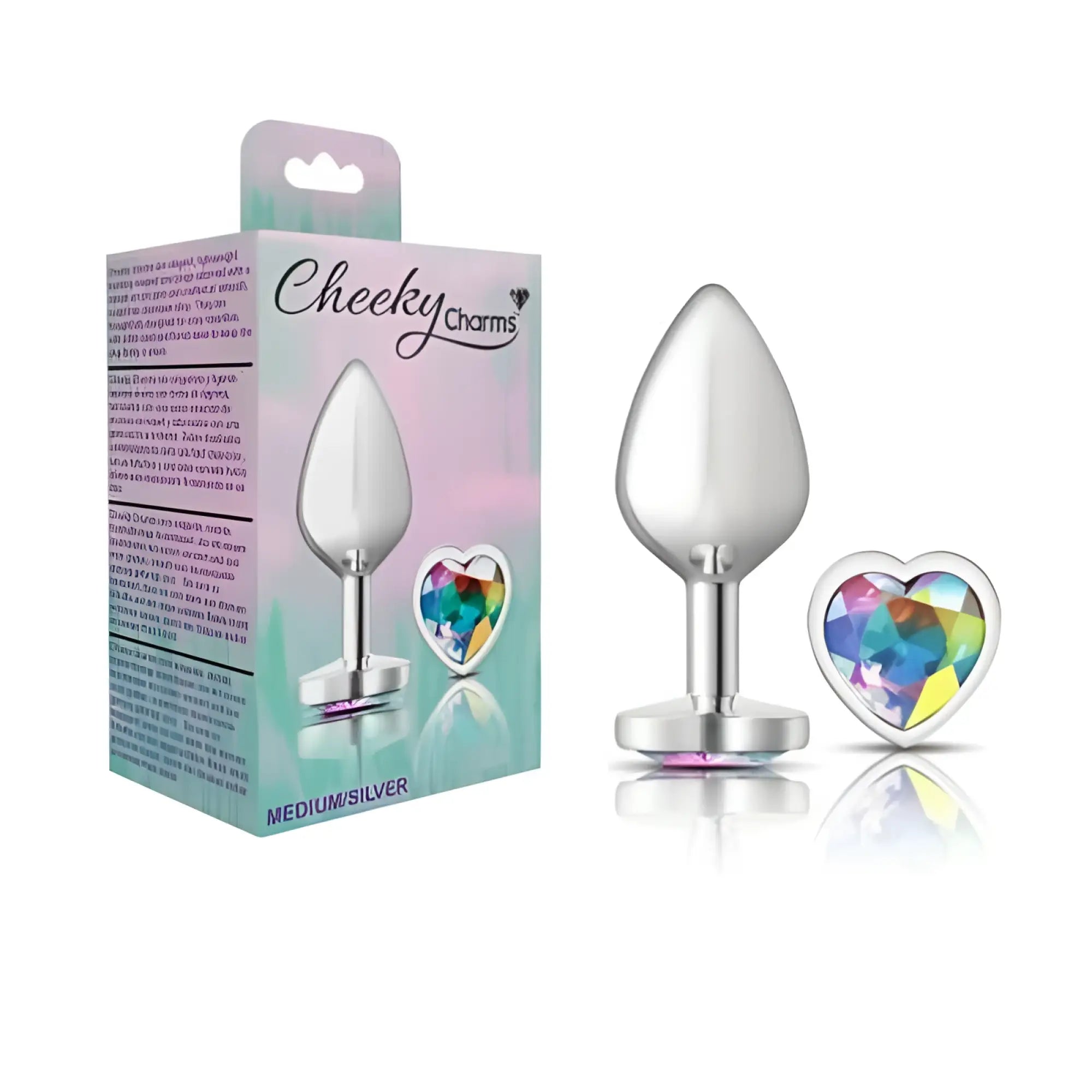 Silver medium metal anal plug with heart shaped clear jewel charm from cheeky charms collection
