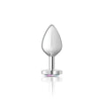 Cheeky charms silver metal medium butt plug with silver-plated teardrop shape and flat base with clear jewel