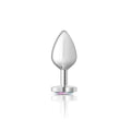 Cheeky charms silver metal medium butt plug with silver-plated teardrop shape and flat base with clear jewel