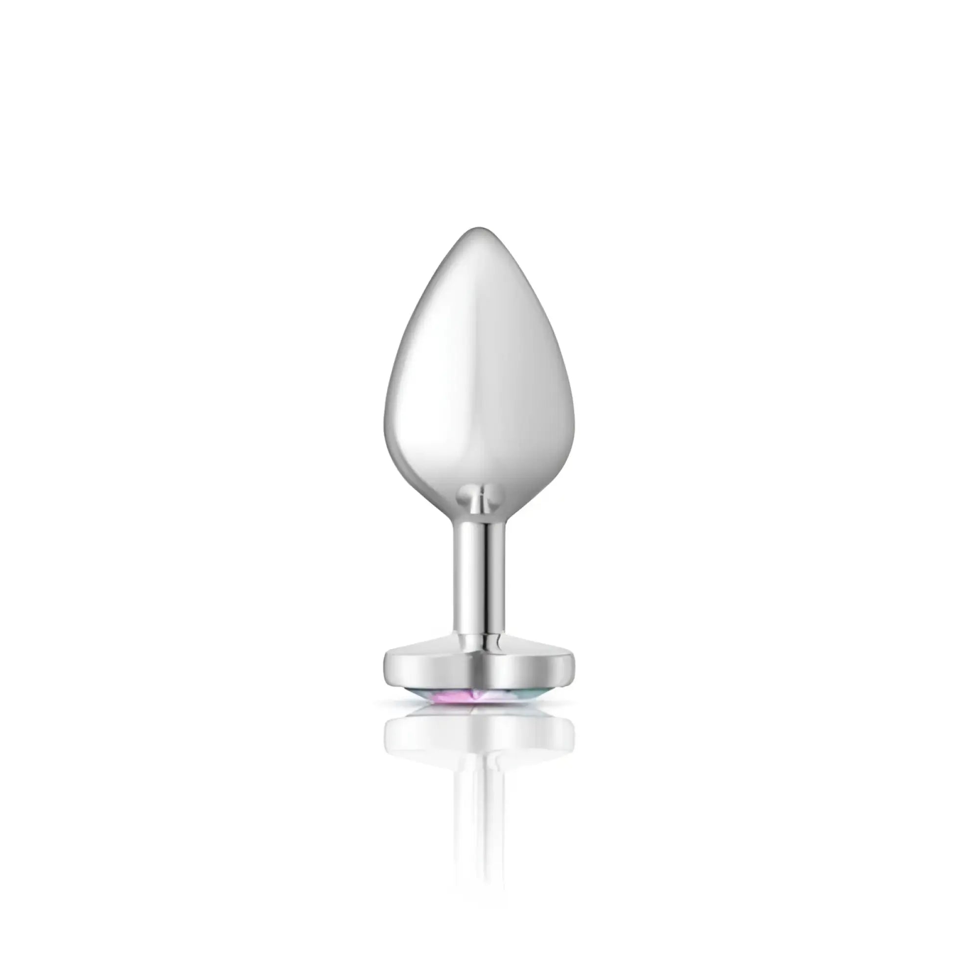 Cheeky charms silver metal medium butt plug with silver-plated teardrop shape and flat base with clear jewel