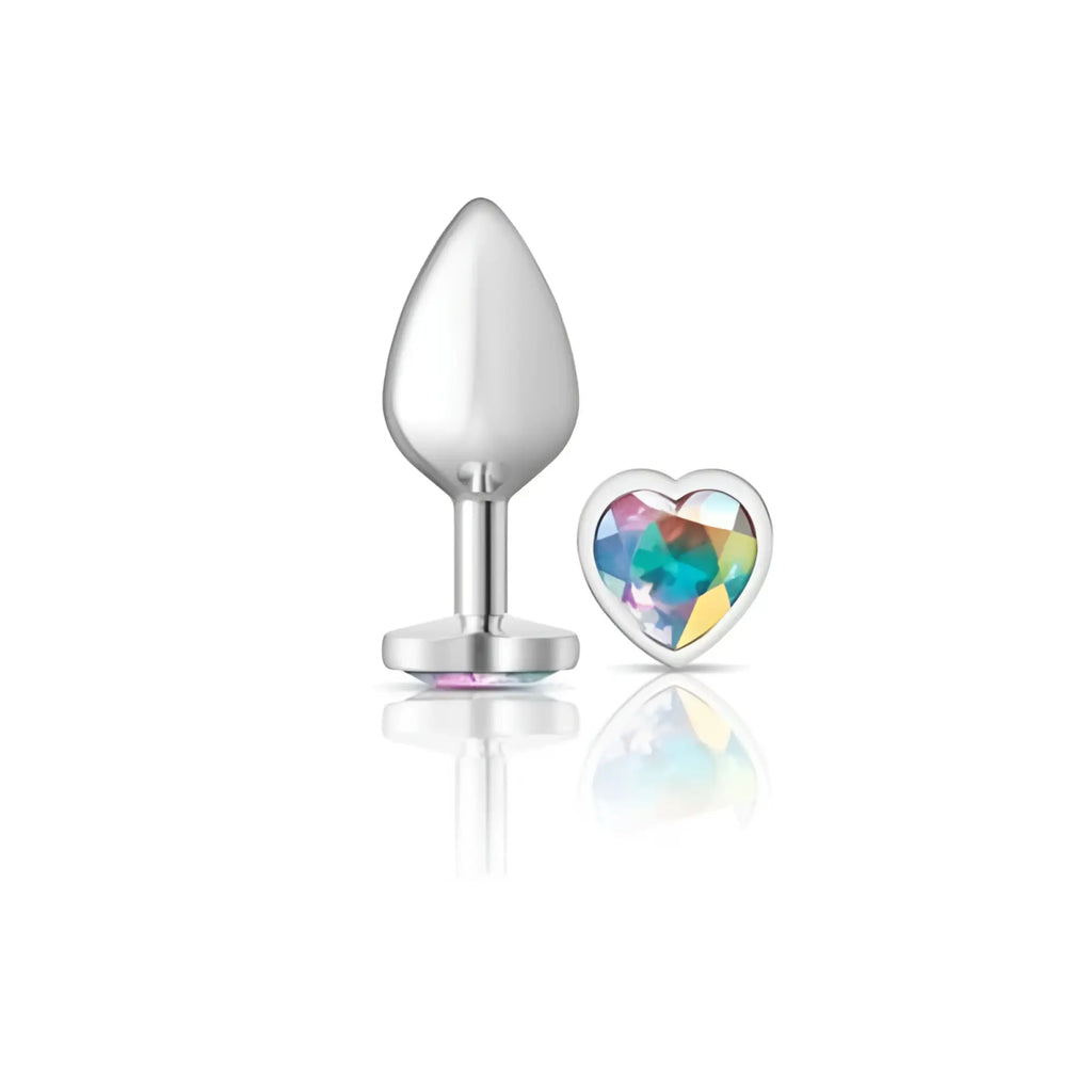 Cheeky Charms silver metal medium butt plug with teardrop shape and clear heart-shaped jewel accent