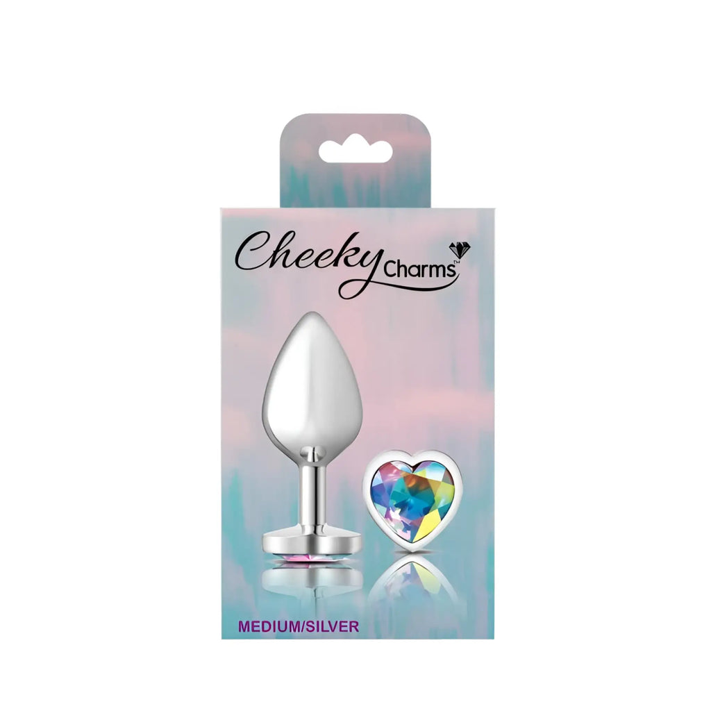 Cheeky Charms silver metal medium butt plug with teardrop shape and clear heart jewel in polished finish